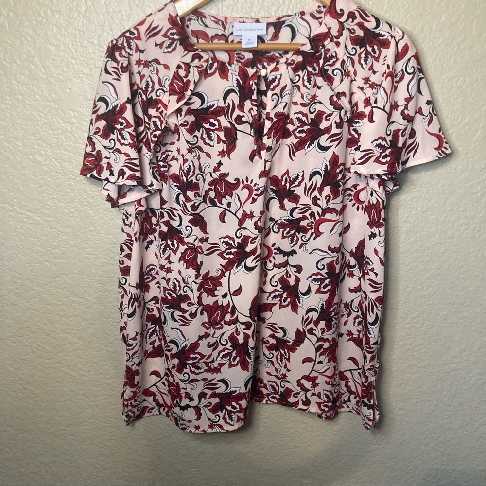 Liz Claiborne Peasant Top Ruffles Sleeve Pink Red Floral Keyhole Women’s Medium